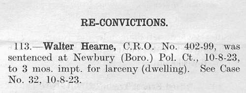 Criminals reconvicted at Bishop's Stortford in Hertfordshire
 (1923)