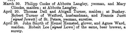 St Albans Archdeaconry Marriage Licences: Sureties
 (1662)