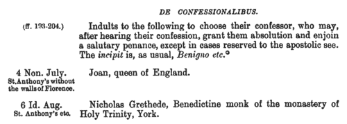 Indults to Choose Confessors: Diocese of Bath and Wells
 (1404-1415)