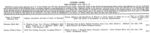 Estates of the Deceased: Notices under the Trustee Act
 (1950)
