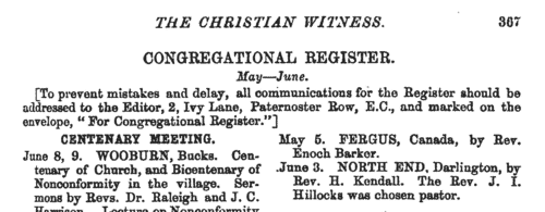 Congregationalist Ministers: Removals
 (1868-1869)