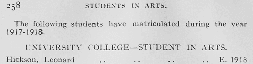Durham University Matriculations: Non-Collegiate Students in Arts
 (1918)
