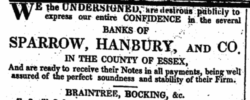 Supporters of Sparrow, Hanbury & Co. Banks: Braintree, Bocking &c.
 (1825)