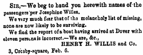 Passengers Missing from the Wreck of the Josephine Willis
 (1856)