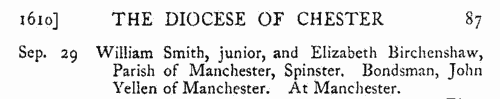 Lancashire and Cheshire Marriage Licences
 (1606-1616)