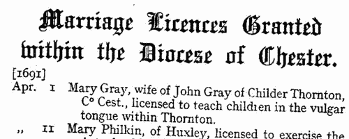 Lancashire and Cheshire Marriage Licences
 (1691-1700)