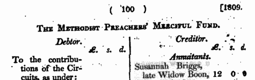 Wesleyan Methodist preachers' widows
 (1808-1809)