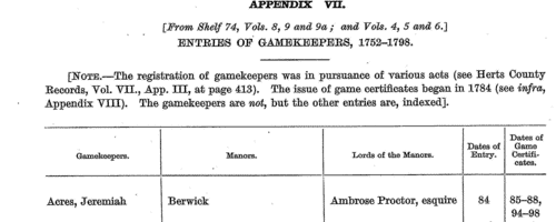 Hertfordshire gamekeepers
 (1752-1798)