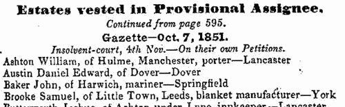 Insolvents imprisoned for debt in England and Wales
 (1851)