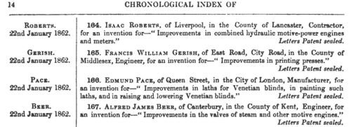 Patentees of New Inventions
 (1862)