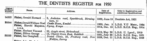 British Dentists: Colonial List
 (1950)