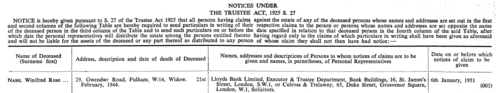 Estates of the Deceased: Notices under the Trustee Act
 (1950)