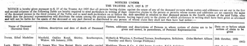 Estates of the Deceased: Notices under the Trustee Act
 (1950)