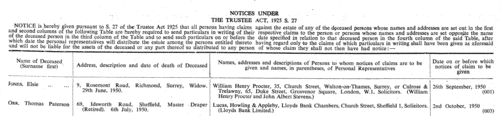 Estates of the Deceased: Notices under the Trustee Act
 (1950)