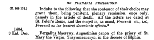 Plenary Remission of Sins: Diocese of Clonfert
 (1404-1415)