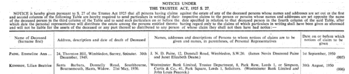 Estates of the Deceased: Notices under the Trustee Act
 (1950)