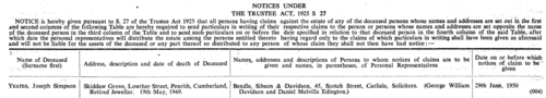 Estates of the Deceased: Notices under the Trustee Act (1950)