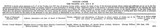 Estates of the Deceased: Notices under the Trustee Act
 (1950)