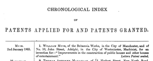 Patentees of New Inventions
 (1865)