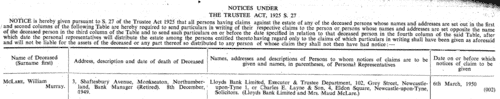 Estates of the Deceased: Notices under the Trustee Act
 (1950)