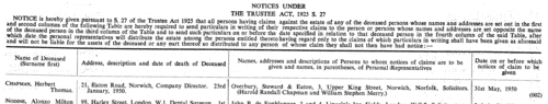 Estates of the Deceased: Notices under the Trustee Act
 (1950)