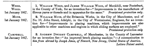 Patentees of New Inventions
 (1867)