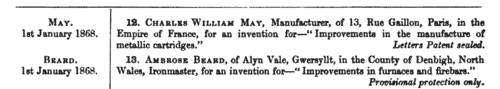 Patentees of New Inventions
 (1868)