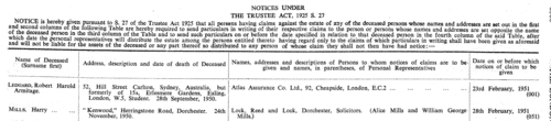 Estates of the Deceased: Notices under the Trustee Act: Personal Representatives
 (1950)