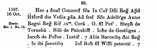 Feet of Fines at Hertford: Divers Counties Cases (Herts, Bucks and Beds)
 (1198)