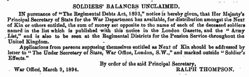 Soldiers' Balances Unclaimed: Republication List CCLI (1892-3) 
 (1894)