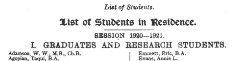 Manchester University Graduate Students and Research Students (1921)