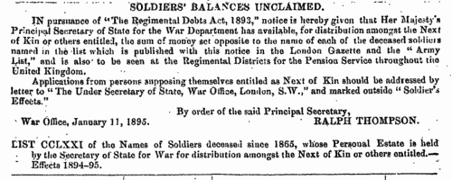 Soldiers' Balances Unclaimed: List CCLXXII: Estates 1894-1895
 (1895)