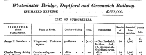 Westminster Bridge, Deptford and Greenwich Railway Shareholders
 (1837)