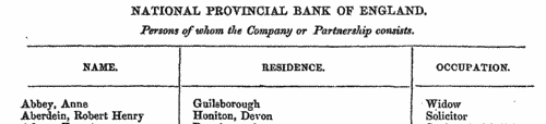 National Provincial Bank Shareholders
 (1853)