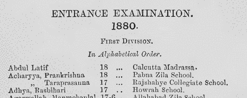 Calcutta University Entrance Examination: First Division
 (1880)