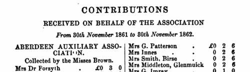 Contributors to Female Missions of the Church of Scotland: Cupar
 (1861-1862)