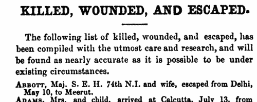 Indian Mutiny: Killed, Wounded and Escaped (1857)