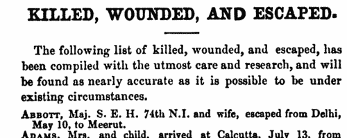 Indian Mutiny: Killed, Wounded and Escaped
 (1857)