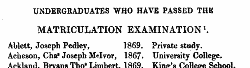 London University Matriculation List
 (1870)