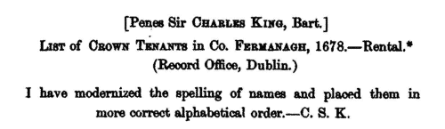 Crown Tenants in County Fermanagh (1678)